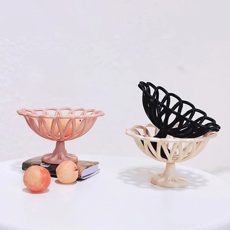 Elegant 1:12 miniature bowls in pastel and black, perfect for dollhouse decoration. Intricate design enhances realism.