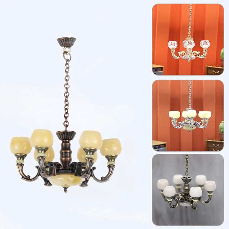 Elegant 1:12 miniature chandelier with vintage bronze finish and cream globes, perfect for dollhouse decor.

Miniature dollhouse chandelier with clear globes and intricate silver detailing, ideal for a classic miniature setting.

Charming 1:12 scale chandelier featuring white globes and antique bronze accents for dollhouse elegance.