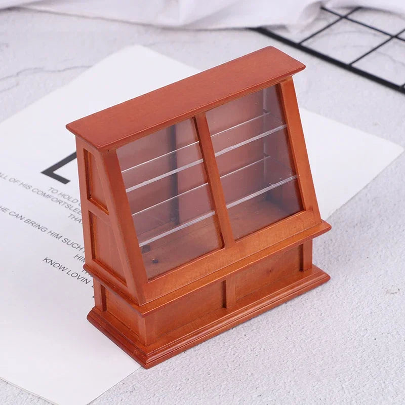Elegant handcrafted dollhouse miniature display case with glass shelves, perfect for showcasing tiny treasures.
