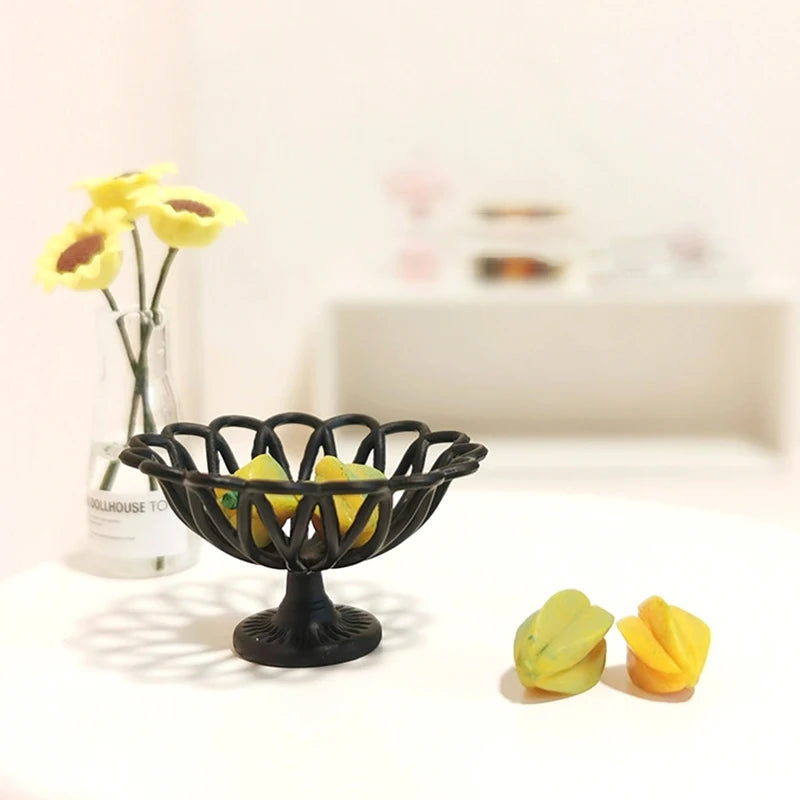 Intricate black miniature bowl for 1:12 dollhouse, featuring decorative design with tiny lemons, perfect for dollhouse decor.