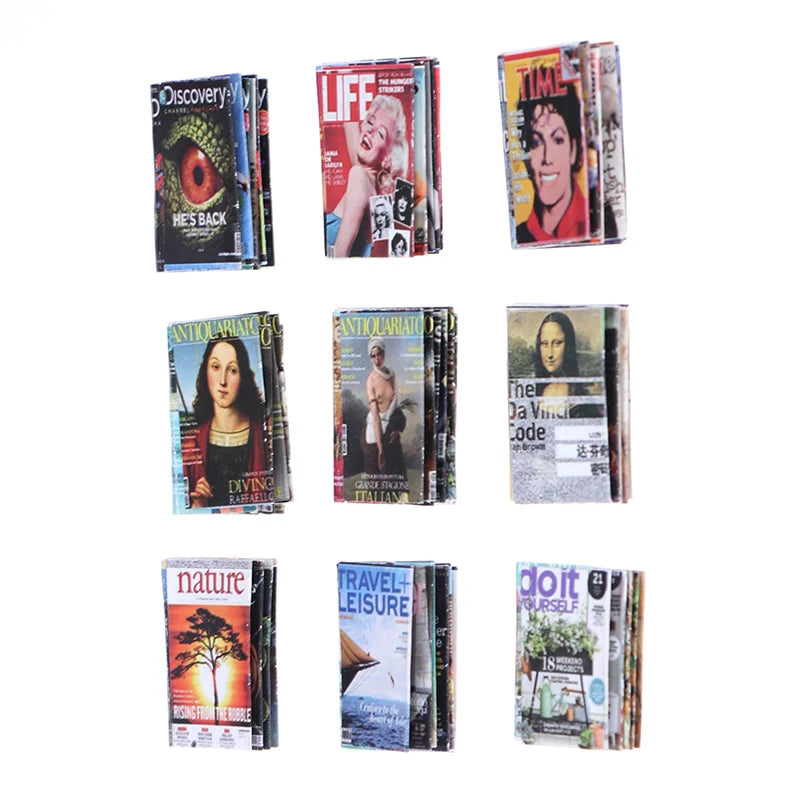 Miniature dollhouse magazine set featuring diverse cover designs for realistic diorama decoration.