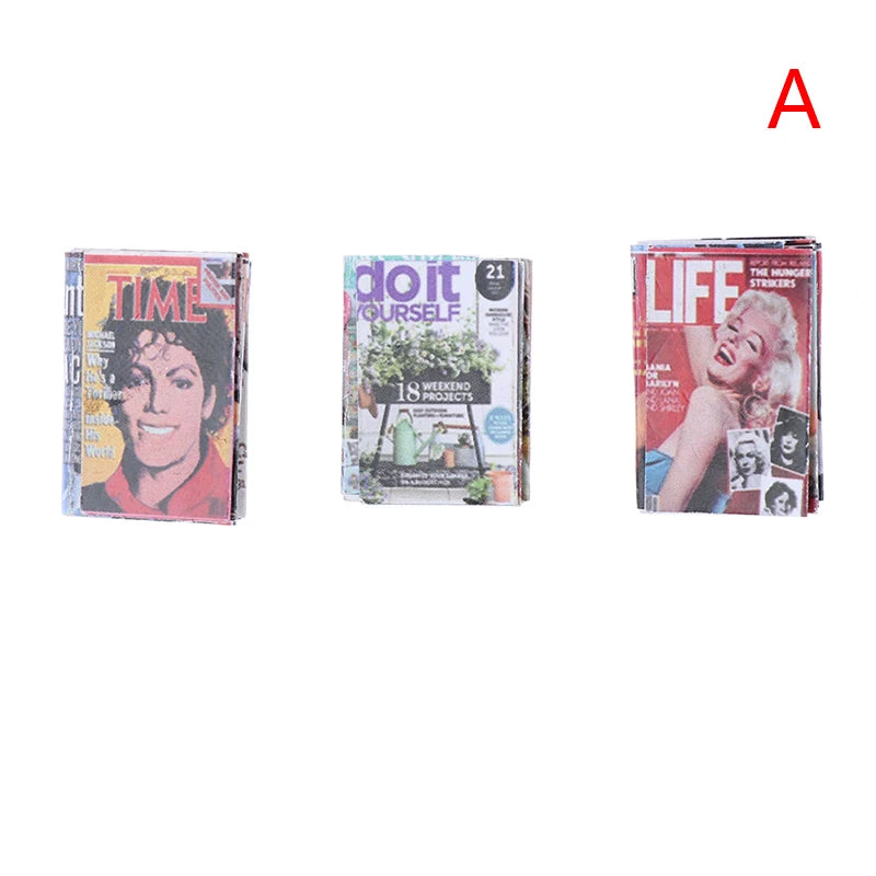 Miniature Dollhouse Magazine Set featuring iconic covers, perfect for realistic dollhouse decor and miniatures enthusiasts.