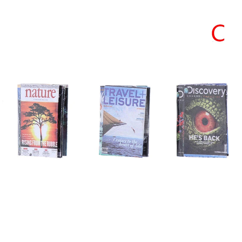 Miniature dollhouse magazine set featuring Nature, Travel + Leisure, and Discovery covers for realistic decor.