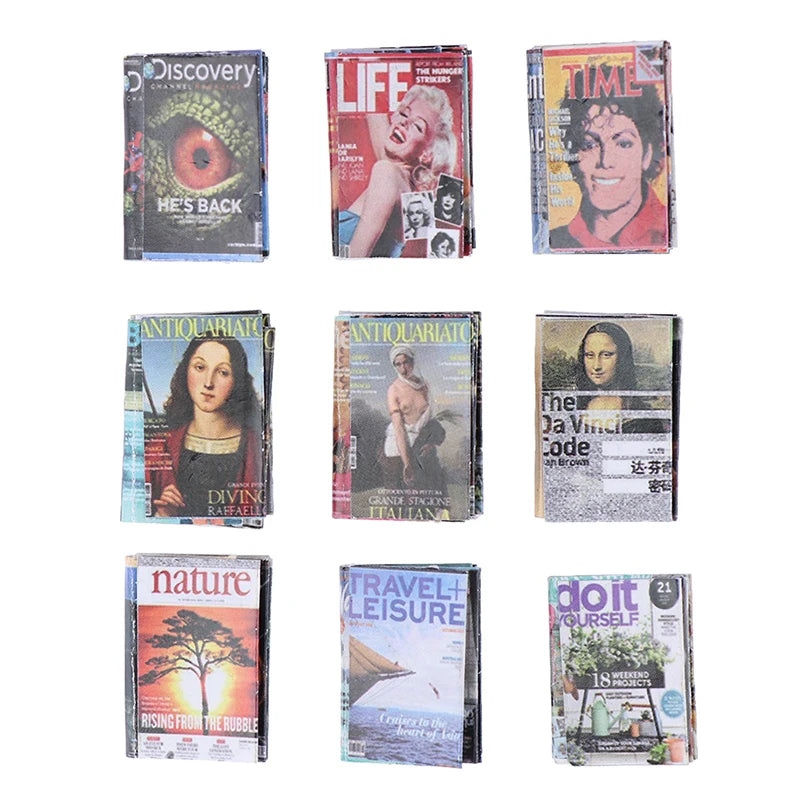 Miniature dollhouse magazine set featuring nine diverse covers for realistic decor. Perfect for hobbyists and collectors.