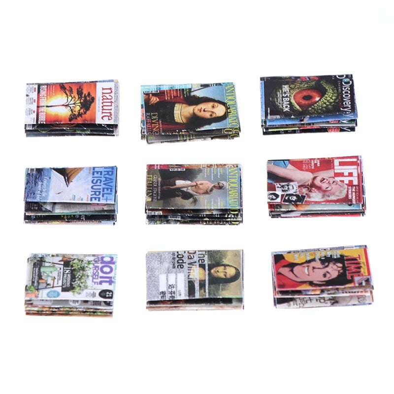 Miniature dollhouse magazine set with diverse covers, perfect for realistic dollhouse decoration and creative play.
