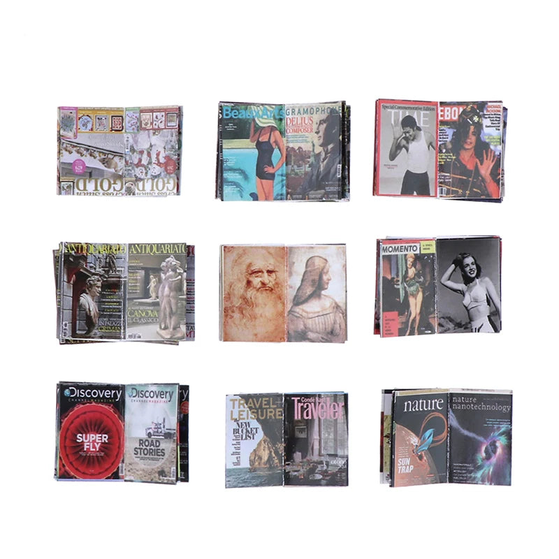 Miniature dollhouse magazines set featuring vintage and modern covers, perfect for realistic dollhouse decor.
