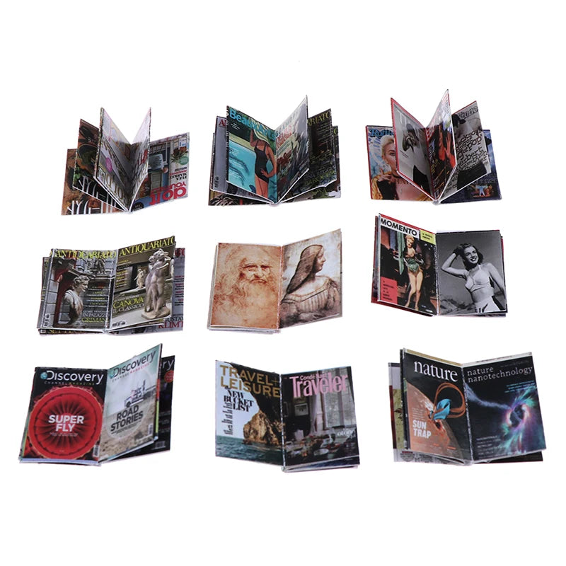 Miniature dollhouse magazines set with diverse covers, showcasing vibrant designs and intricate details for realistic decor.