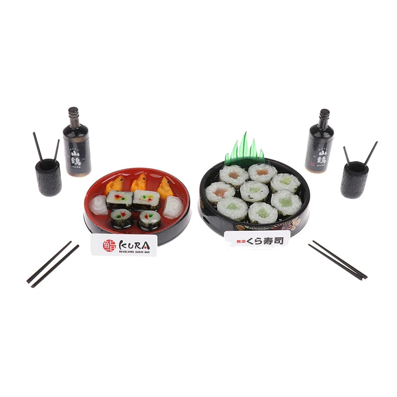 Miniature Japanese sushi set with detailed nigiri, rolls, and sake bottles, perfect for dollhouse collectors.