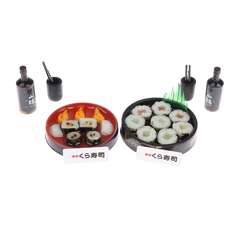 Miniature Japanese sushi set with detailed rolls and bottles, perfect for dollhouses and collectors.