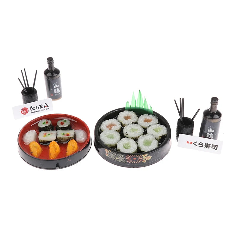 Miniature Japanese sushi set with realistic rolls and soy sauce bottles, perfect for dollhouse decor and collectors.