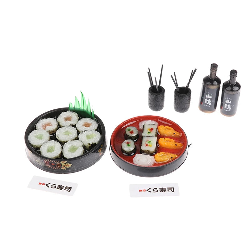 Miniature Japanese sushi set with realistic sushi rolls, shrimp, and sake bottles for dollhouses or dioramas.