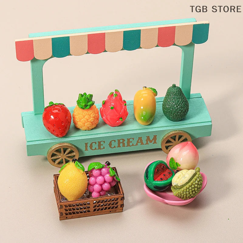 Miniature resin fruit set for 1:12 dollhouse, featuring strawberry, lemon, and more on a colorful display stand.