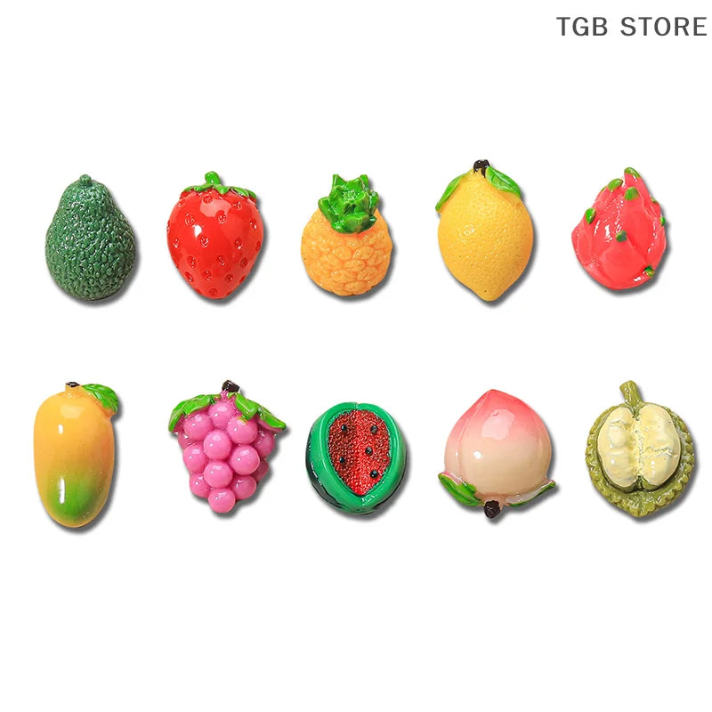Miniature resin fruit set for 1:12 dollhouse featuring strawberry, lemon, and more. Perfect for dollhouse decor enthusiasts.