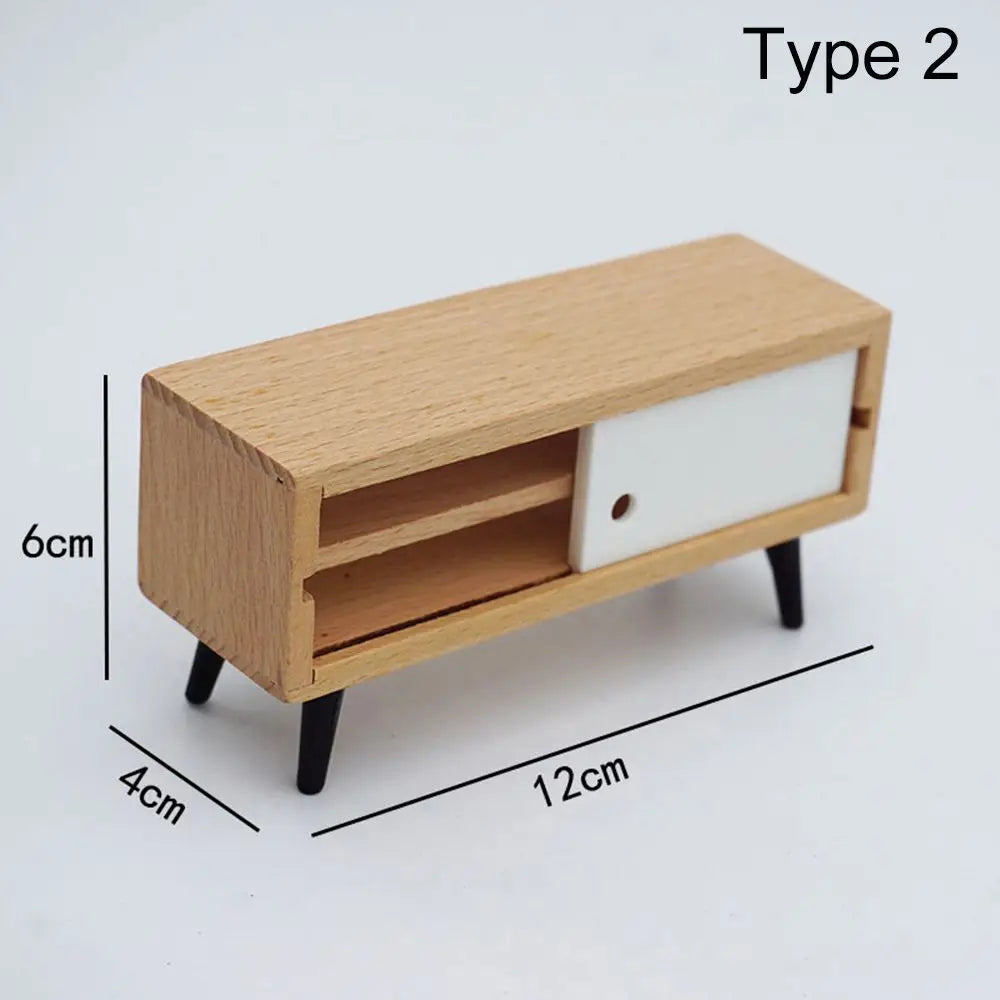 Miniature TV stand for dollhouse, Type 2, crafted from wood with a sliding drawer and realistic design, measuring 12cm.